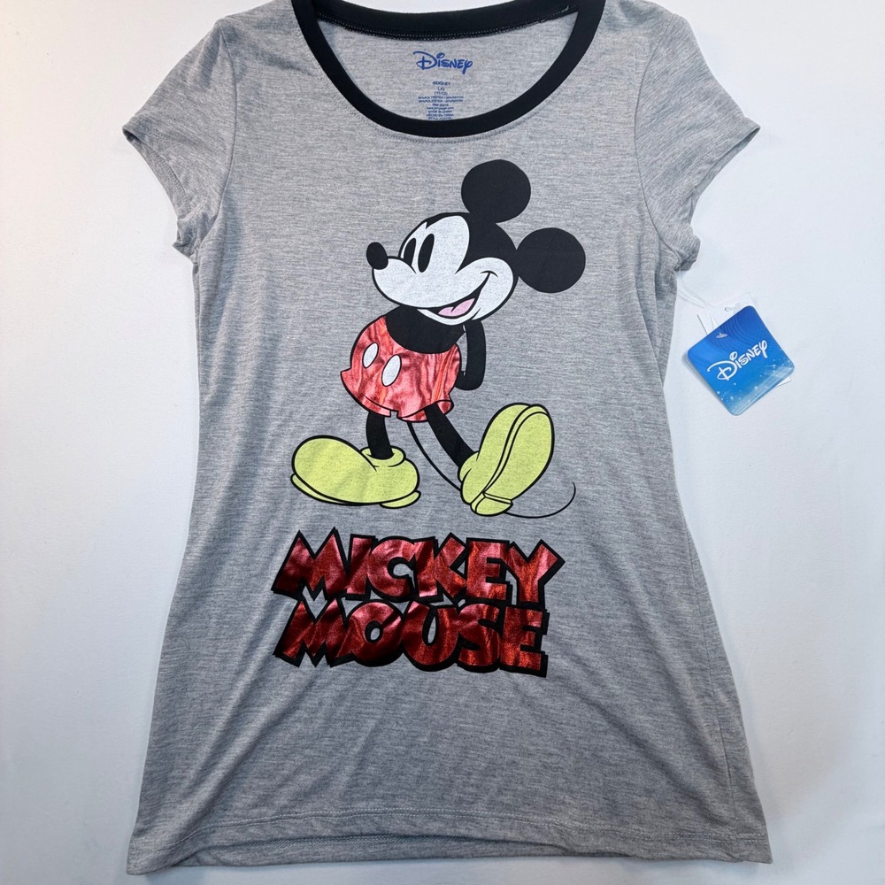 Disney Mickey Mouse Graphic T-Shirt Juniors Large Gray Metallic Foil Ringer Tee